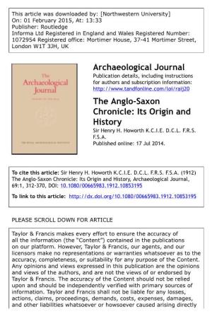 The Anglo-Saxon Chronicle: Its Origin and History Sir Henry H