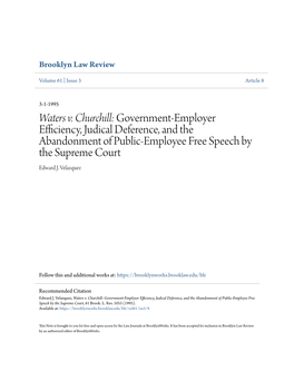 Waters V. Churchill: Government-Employer Efficiency, Judical Deference, and the Abandonment of Public-Employee Free Speech by the Supreme Court Edward J