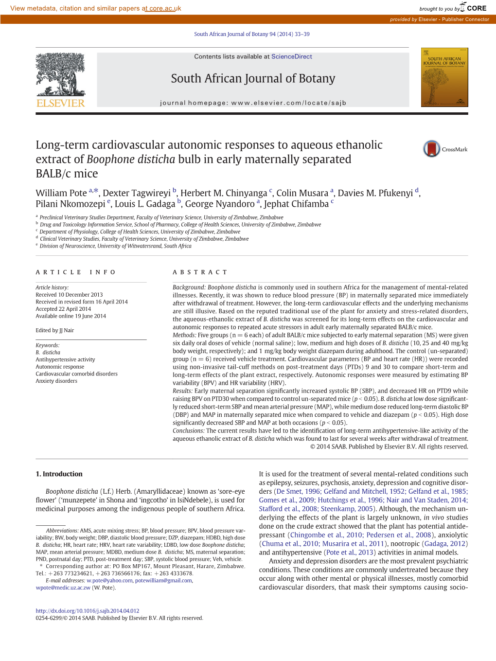 Long-Term Cardiovascular Autonomic Responses to Aqueous Ethanolic Extract of Boophone Disticha Bulb in Early Maternally Separated BALB/C Mice