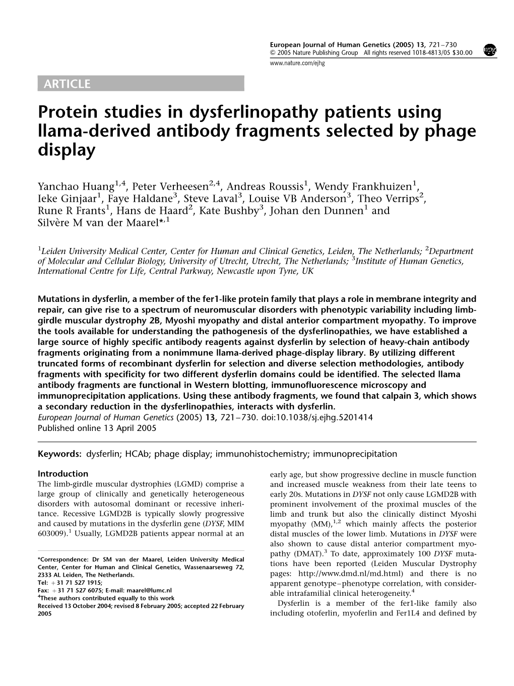 Protein Studies in Dysferlinopathy Patients Using Llama-Derived Antibody Fragments Selected by Phage Display