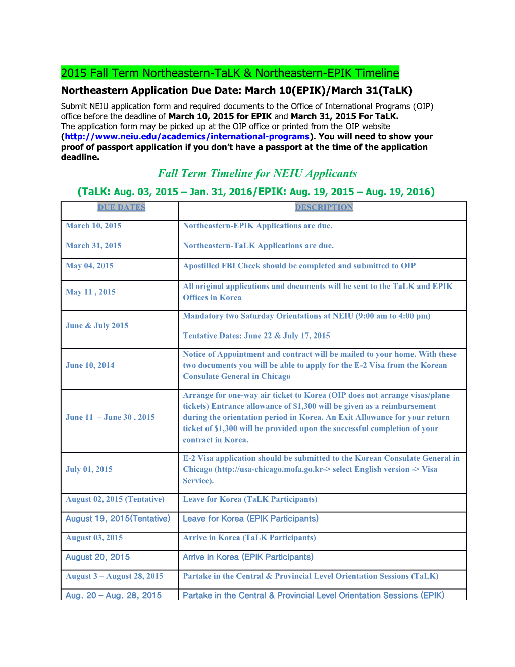 2015 Fall Term Northeastern-Talk & Northeastern-EPIK Timeline