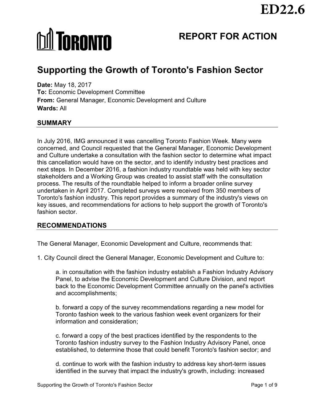 REPORT for ACTION Supporting the Growth of Toronto's Fashion Sector