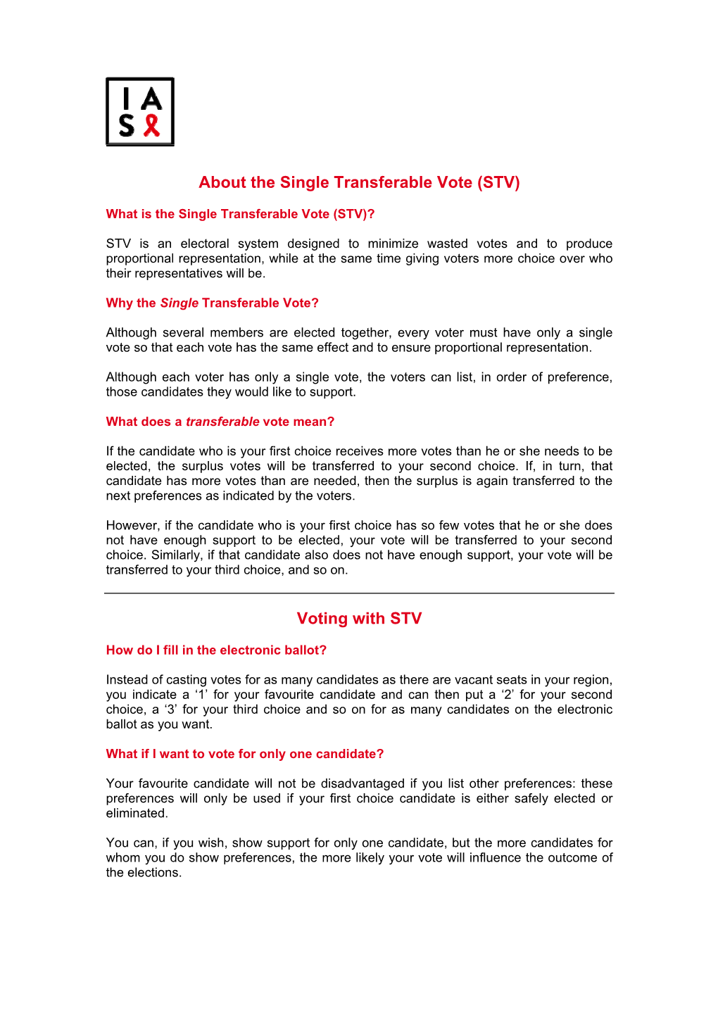 About the Single Transferable Vote (STV) Voting With