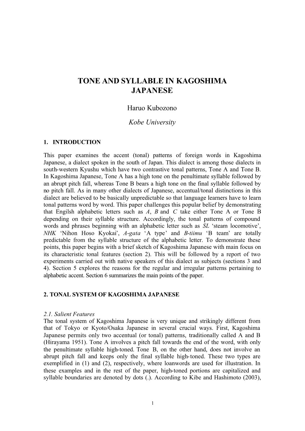 Tone and Syllable in Kagoshima Japanese