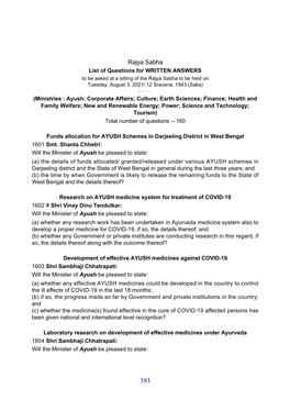 Rajya Sabha List of Questions for WRITTEN ANSWERS to Be Asked at a Sitting of the Rajya Sabha to Be Held on Tuesday, August 3, 2021/ 12 Sravana, 1943 (Saka)