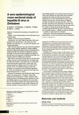 A Sera-Epidemiological Cross-Sectional Study of Hepatitis B Virus in Zimbabwe