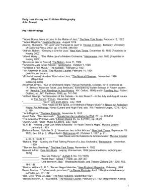 Early Jazz History and Criticism Bibliography John Szwed
