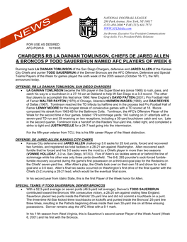 Chargers Rb La Dainian Tomlinson, Chiefs De Jared Allen & Broncos P Todd Sauerbrun Named Afc Players of Week 6