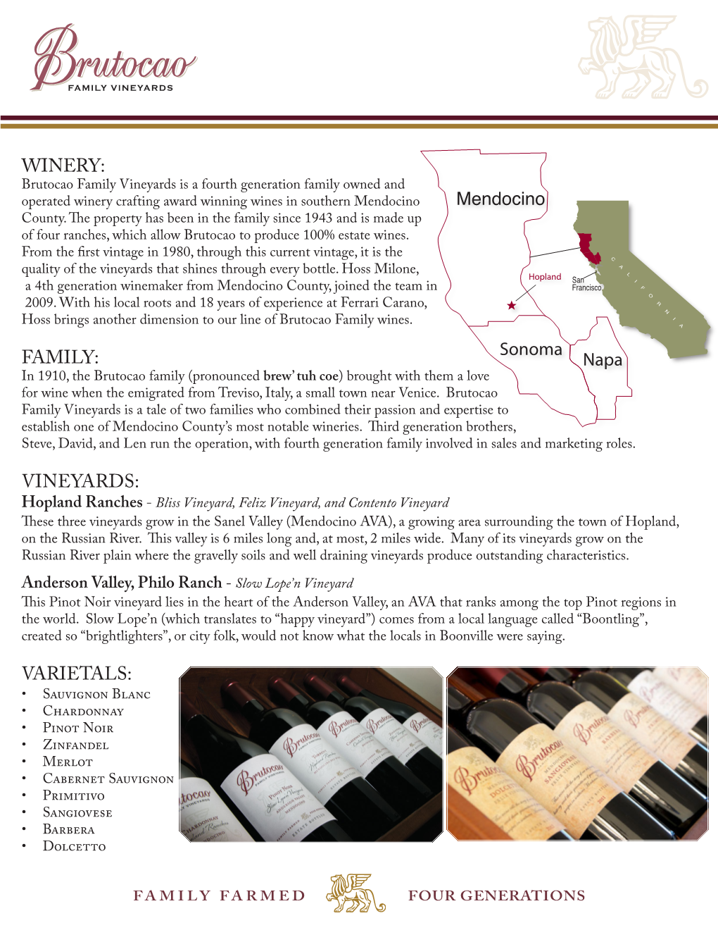 WINERY: Brutocao Family Vineyards Is a Fourth Generation Family Owned and Operated Winery Crafting Award Winning Wines in Southern Mendocino Mendocino County