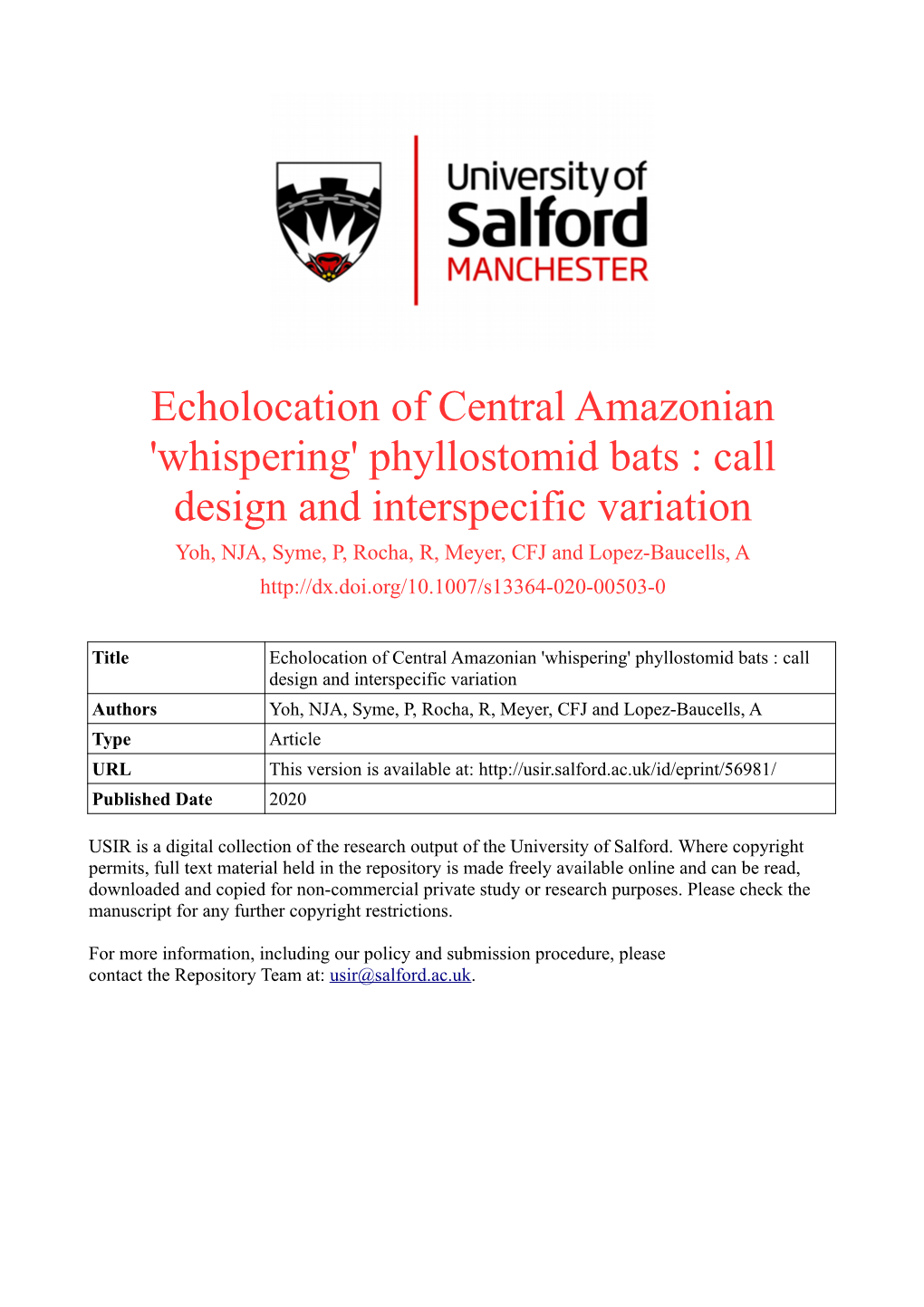 Echolocation of Central Amazonian 'Whispering' Phyllostomid Bats