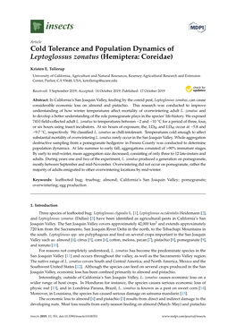Cold Tolerance and Population Dynamics of Leptoglossus Zonatus (Hemiptera: Coreidae)