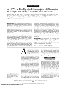 A 12-Week, Double-Blind Comparison of Olanzapine Vs Haloperidol in the Treatment of Acute Mania