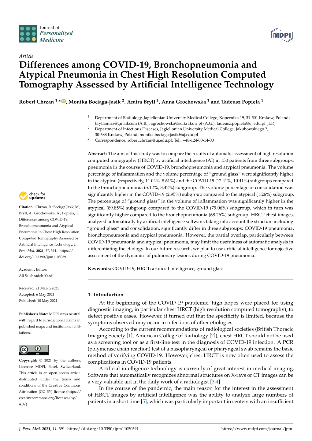 Differences Among COVID-19, Bronchopneumonia and Atypical Pneumonia in Chest High Resolution Computed Tomography Assessed by Artiﬁcial Intelligence Technology