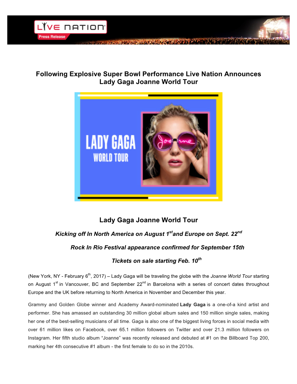 Following Explosive Super Bowl Performance Live Nation Announces Lady Gaga Joanne World Tour