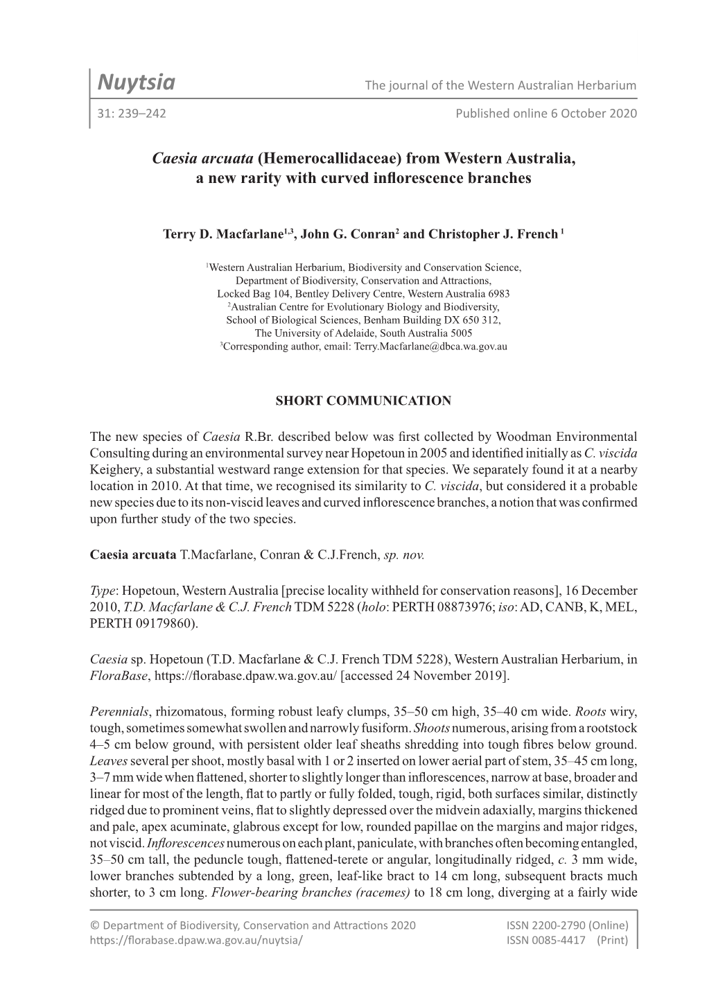 Nuytsia the Journal of the Western Australian Herbarium 31: 239–242 Published Online 6 October 2020