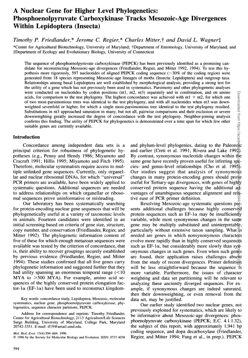 A Nuclear Gene for Higher Level Phylogenetics: Phosphoenolpyruvate Carboxykinase Tracks Mesozoic-Age Divergences Within Lepidoptera (Insecta)