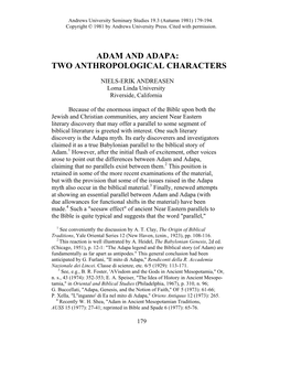 Adam and Adapa: Two Anthropological Characters