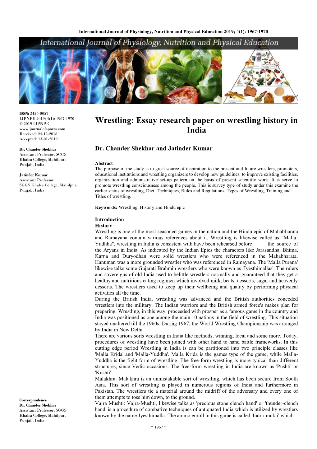 Wrestling: Essay Research Paper on Wrestling History in Received: 24-12-2018 India Accepted: 13-01-2019