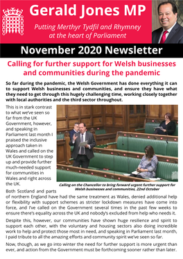 November 2020 Newsletter Calling for Further Support for Welsh Businesses and Communities During the Pandemic