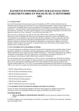 Elements D'information Sur Les Elections Parlementaires En Pologne Du 23 Septembre 2001