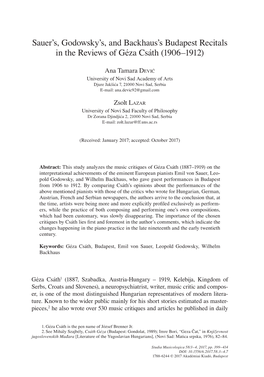 Sauer's, Godowsky's, and Backhaus's Budapest Recitals in the Reviews of Géza Csáth (1906–1912)