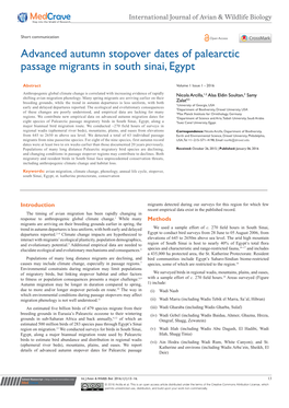 Advanced Autumn Stopover Dates of Palearctic Passage Migrants in South Sinai, Egypt