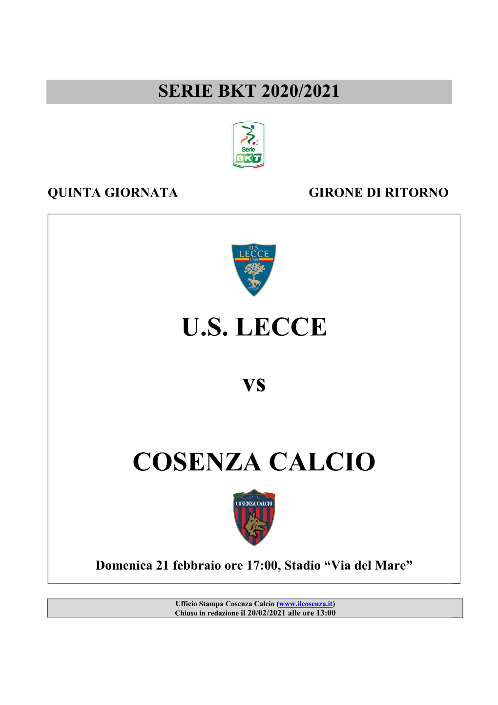 U.S. LECCE Vs COSENZA CALCIO