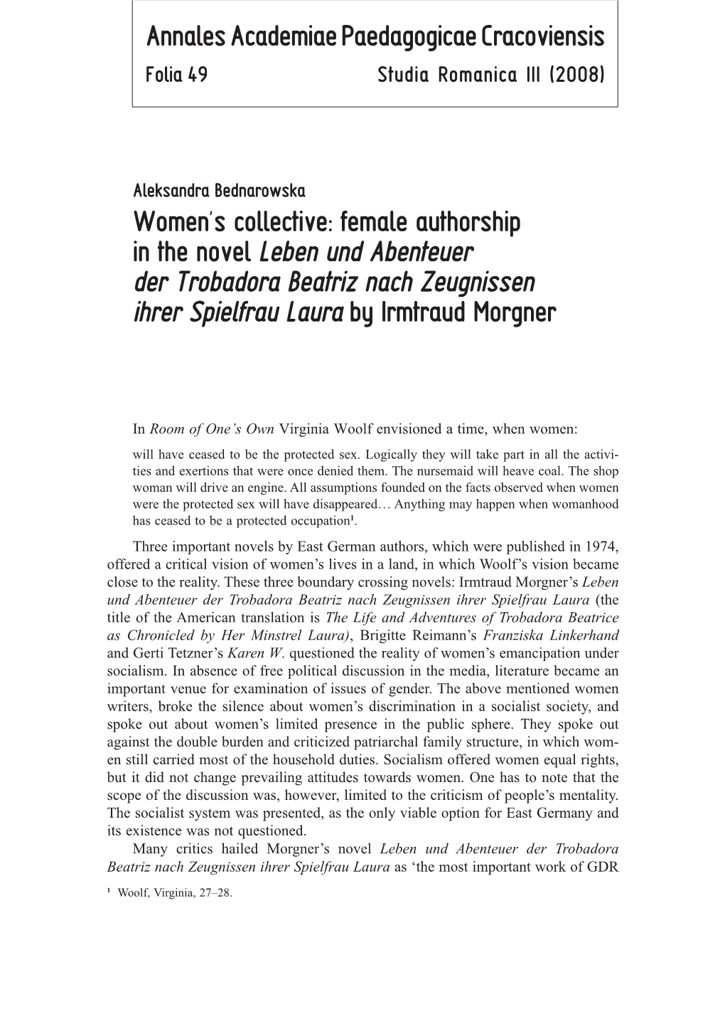 Women's Collective: Female Authorship in the Novel Leben Und Abenteuer