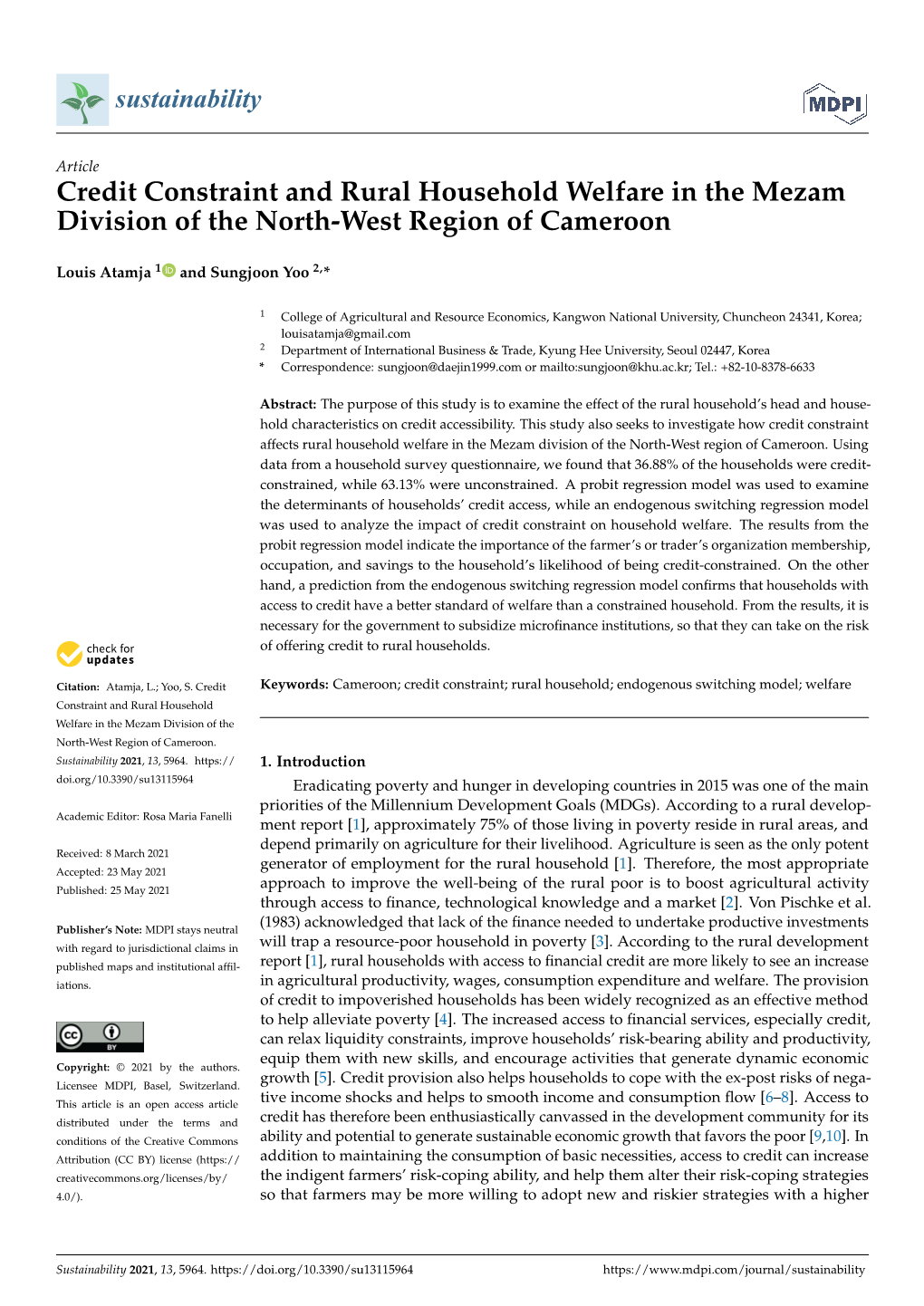 Credit Constraint and Rural Household Welfare in the Mezam Division of the North-West Region of Cameroon