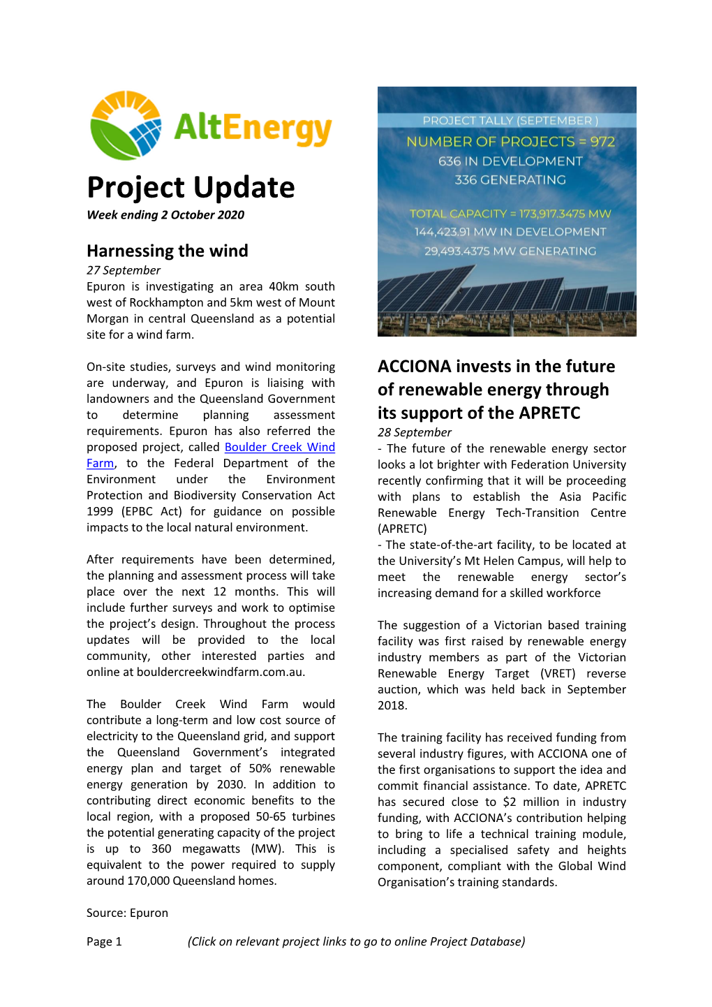 Project Update Week Ending 2 October 2020