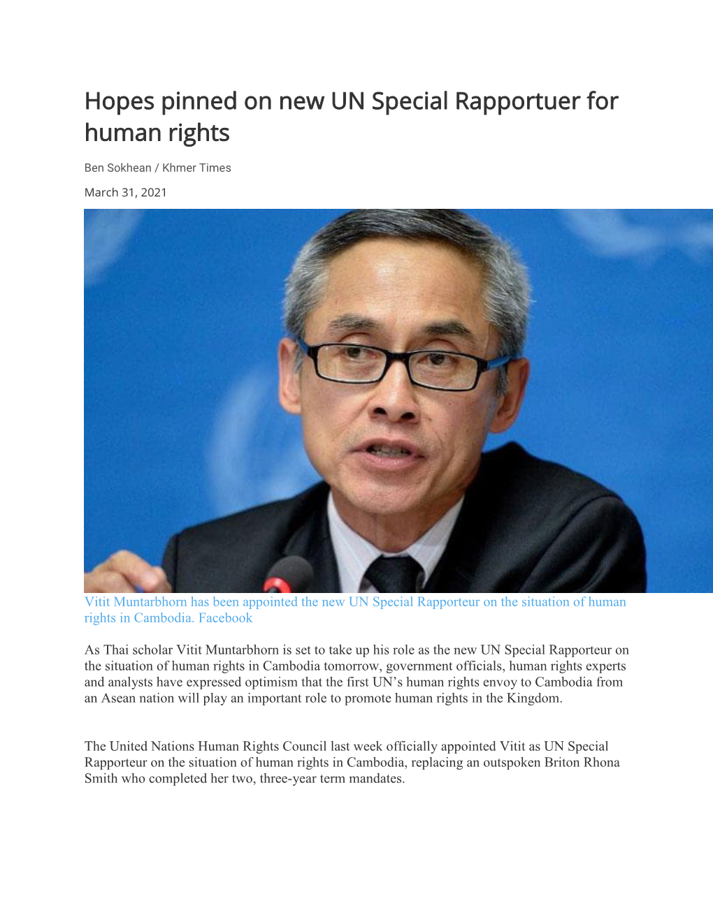 Hopes Pinned on New UN Special Rapportuer for Human Rights