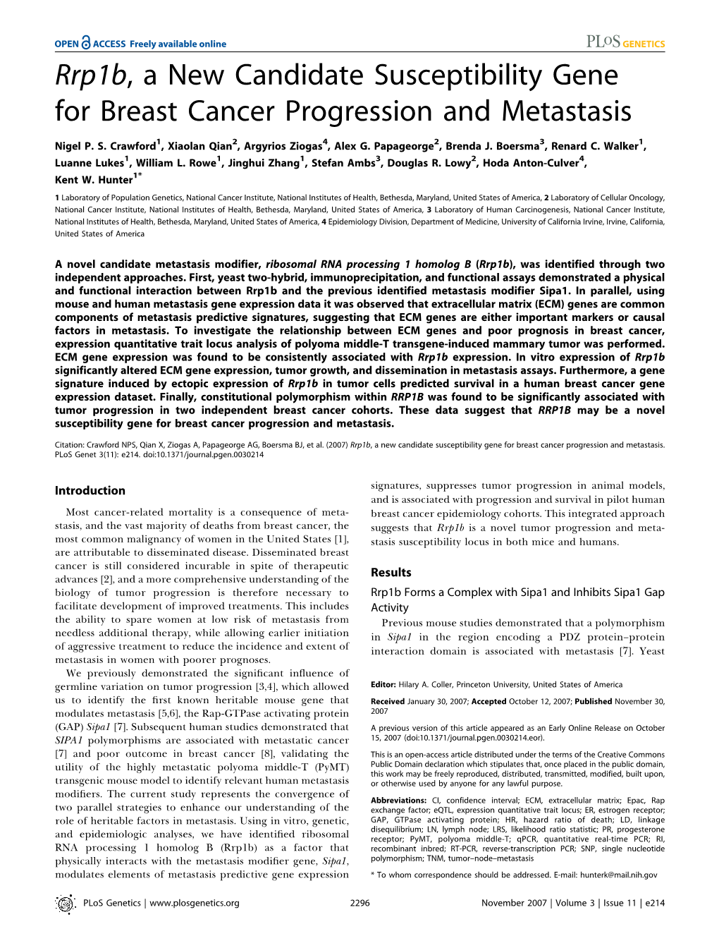 Rrp1b, a New Candidate Susceptibility Gene for Breast Cancer Progression and Metastasis