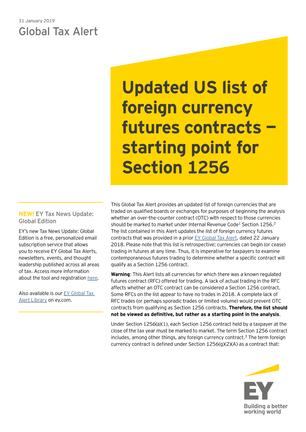 Updated US List of Foreign Currency Futures Contracts — Starting Point for Section 1256
