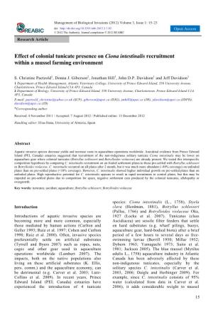 Effect of Colonial Tunicate Presence on Ciona Intestinalis Recruitment Within a Mussel Farming Environment