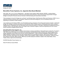 Monolithic Power Systems, Inc. Appoints New Board Member