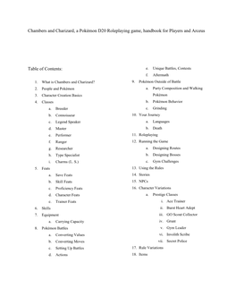 Chambers and Charizard, a Pokémon D20 Roleplaying Game, Handbook for Players and Arceus Table of Contents