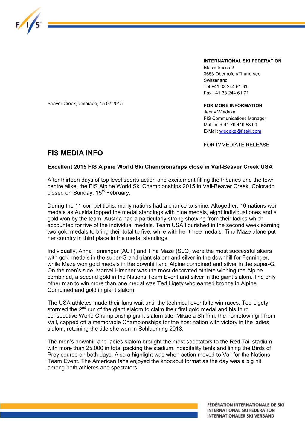 Vail 2015 Closing Press Release
