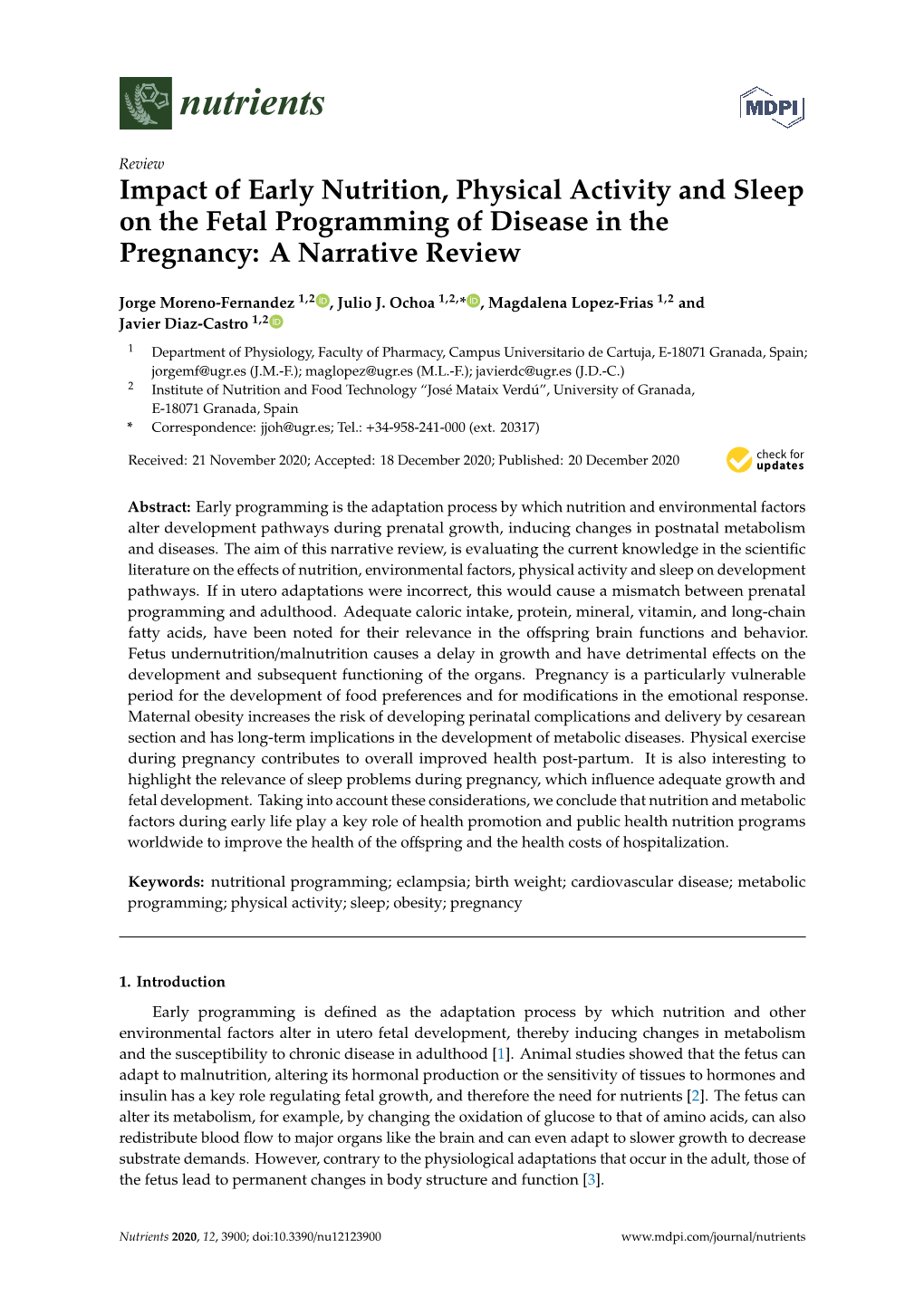 Impact of Early Nutrition, Physical Activity and Sleep on the Fetal Programming of Disease in the Pregnancy: a Narrative Review