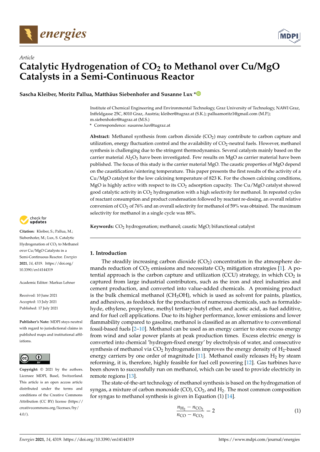 Catalytic Hydrogenation of CO2 to Methanol Over Cu/Mgo Catalysts in a Semi-Continuous Reactor