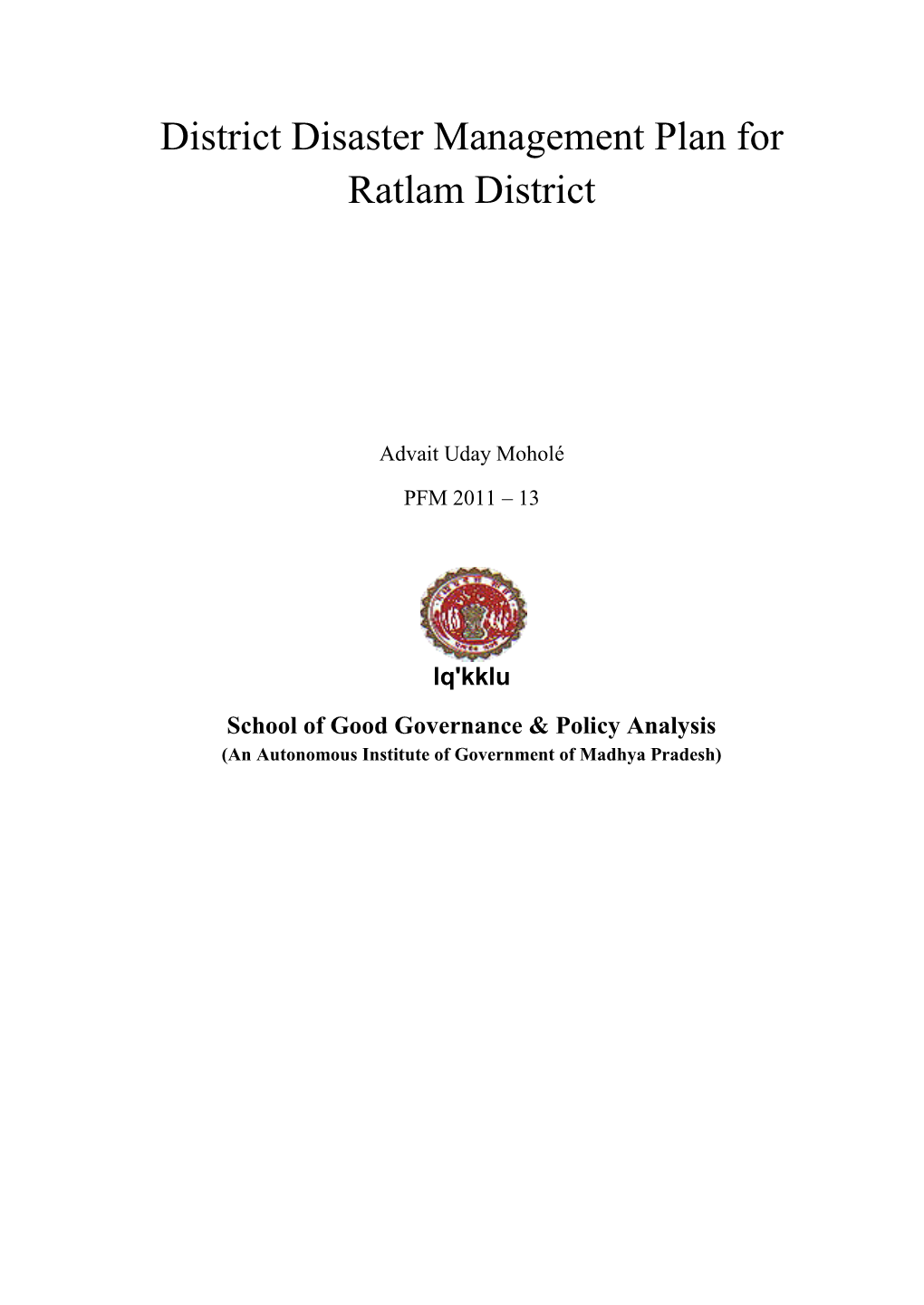 District Disaster Management Plan for Ratlam District