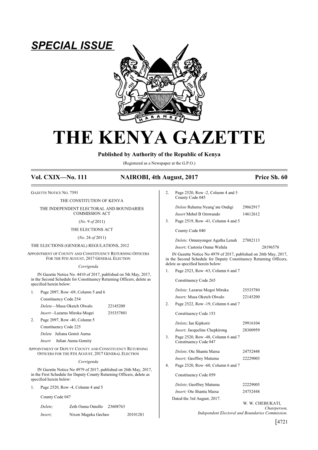 THE KENYA GAZETTE Published by Authority of the Republic of Kenya (Registered As a Newspaper at the G.P.O.)