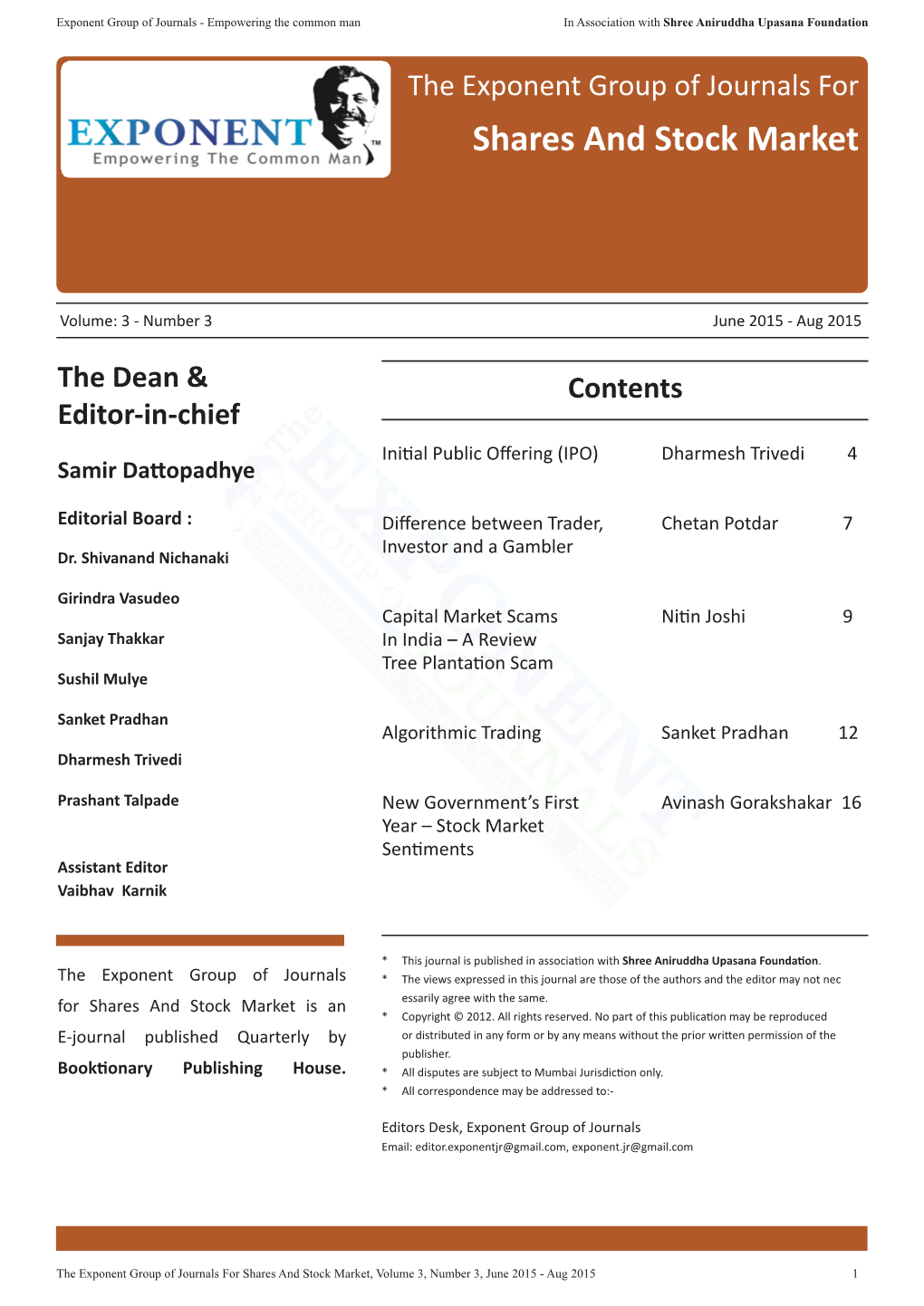 The Exponent Group of Journals for Shares and Stock Market