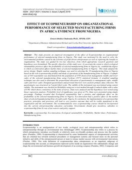 Effect of Ecopreneurship on Organizational Performance of Selected Manufacturing Firms in Africa Evidence from Nigeria
