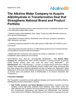The Alkaline Water Company to Acquire Aquahydrate in Transformative Deal That Strengthens National Brand and Product Portfolio