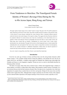 The Transfigured Female Identity of Women’S Revenge Films During the 70S to 80S Across Japan, Hong Kong, and Taiwan
