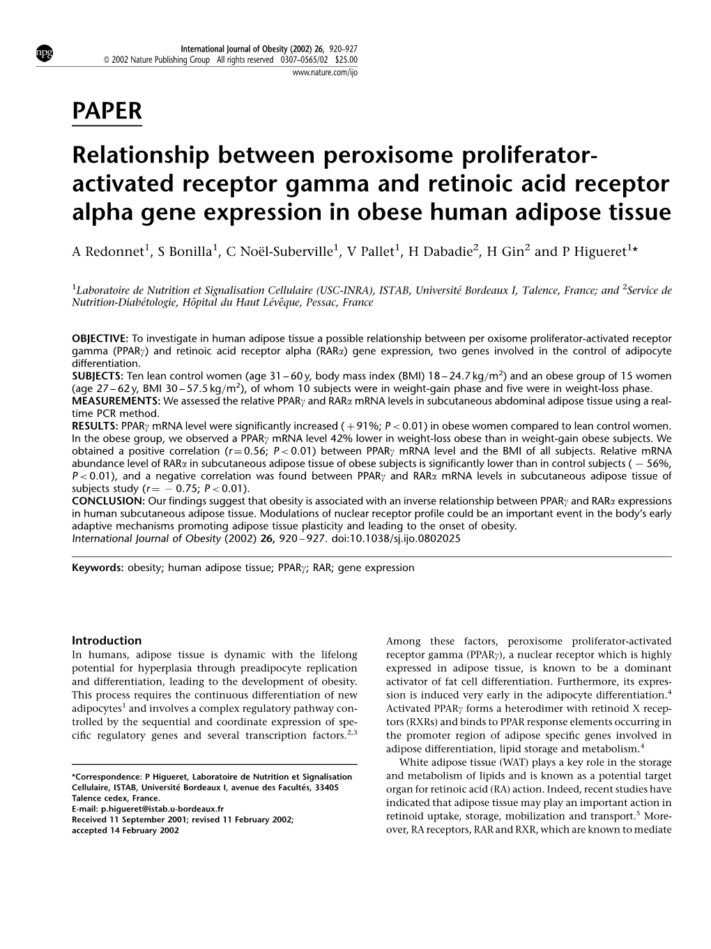 Activated Receptor Gamma and Retinoic Acid Receptor Alpha Gene Expression in Obese Human Adipose Tissue