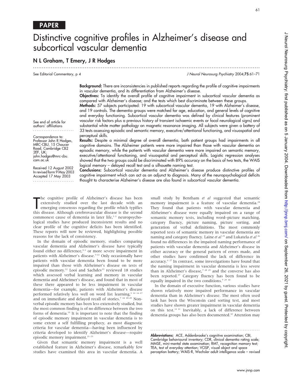 Distinctive Cognitive Profiles in Alzheimer's Disease and Subcortical