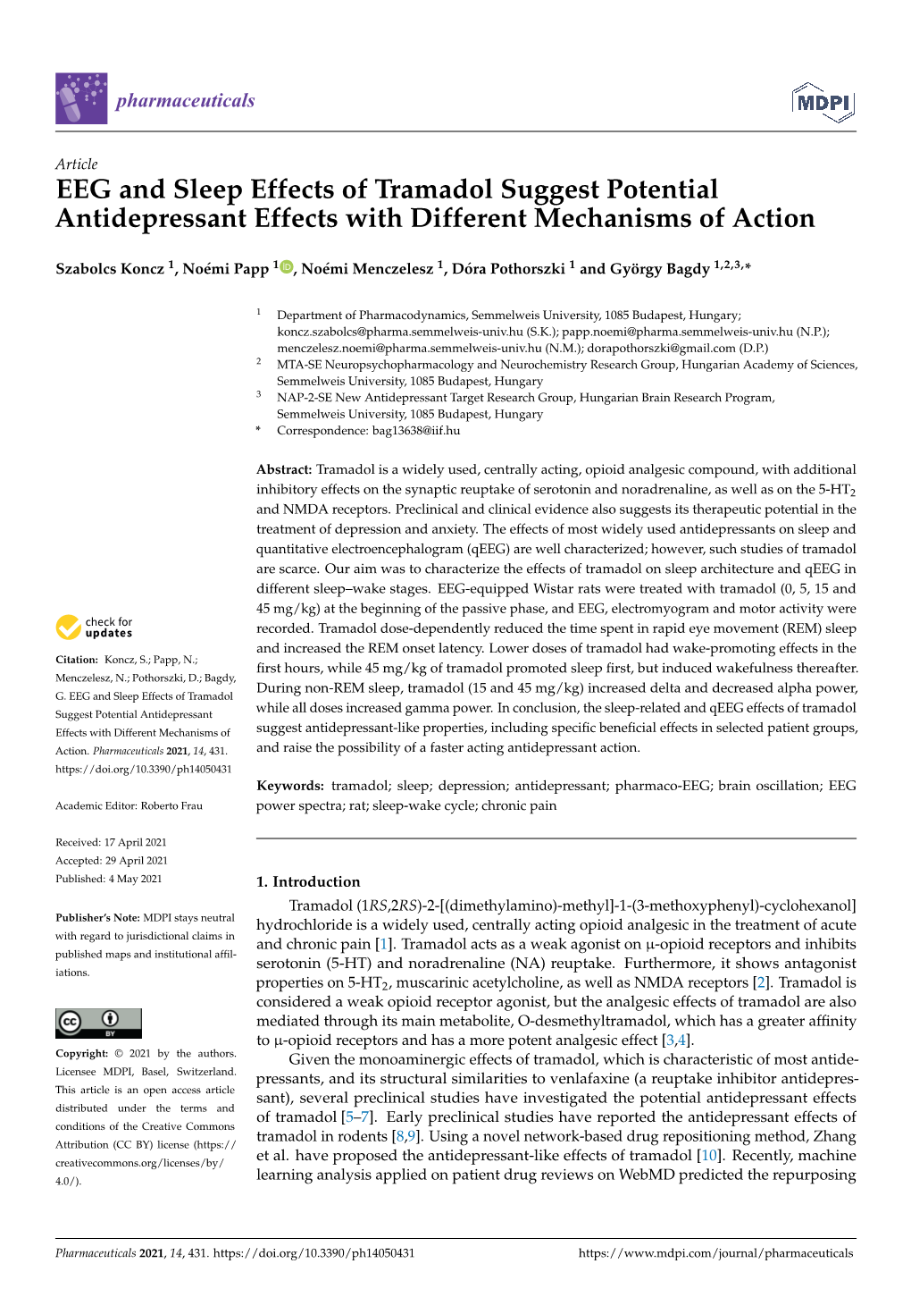 EEG and Sleep Effects of Tramadol Suggest Potential Antidepressant Effects with Different Mechanisms of Action