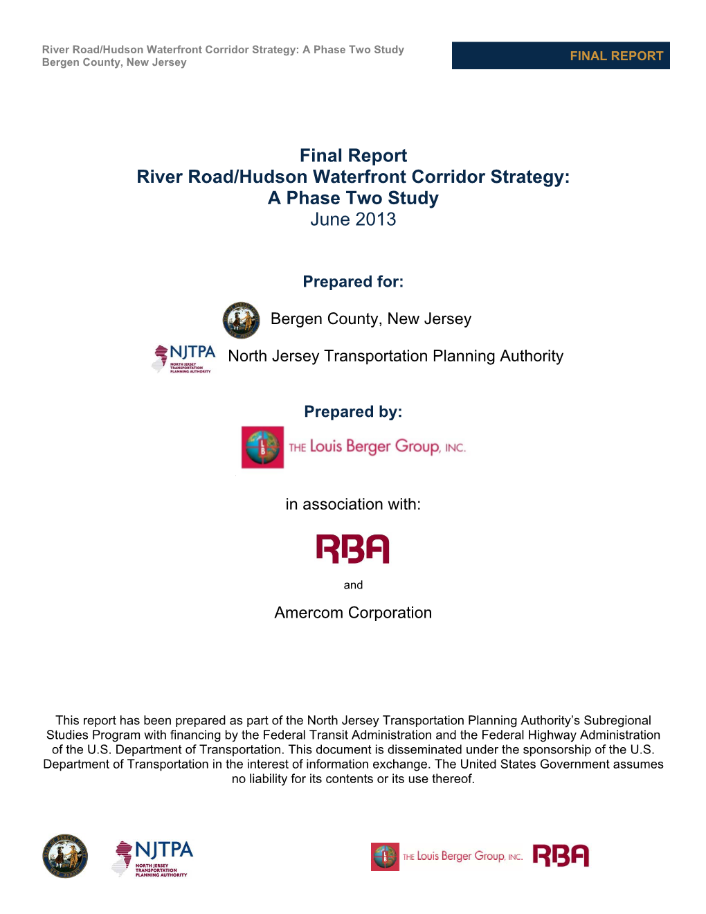 Final Report River Road/Hudson Waterfront Corridor Strategy: a Phase Two Study June 2013