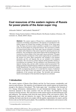 Coal Resources of the Eastern Regions of Russia for Power Plants of the Asian Super Ring